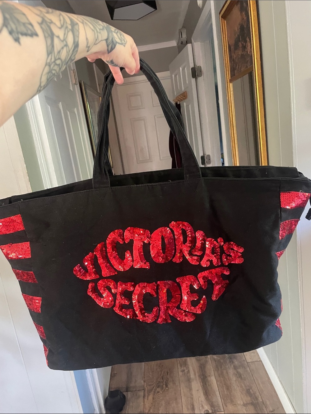 Victoria's Secret Black Tote with Red Sequin Logo